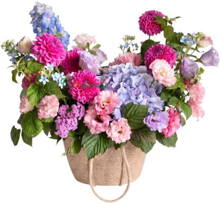 Корзина с гортензией и георгинами «Малиновый рассвет»