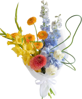 Дофаминовый букет с дельфиниумом и герберами «Цветочный коктейль»